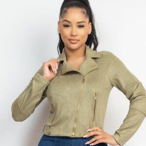Women's Notch Zippered Suede Rider Jacket - Green